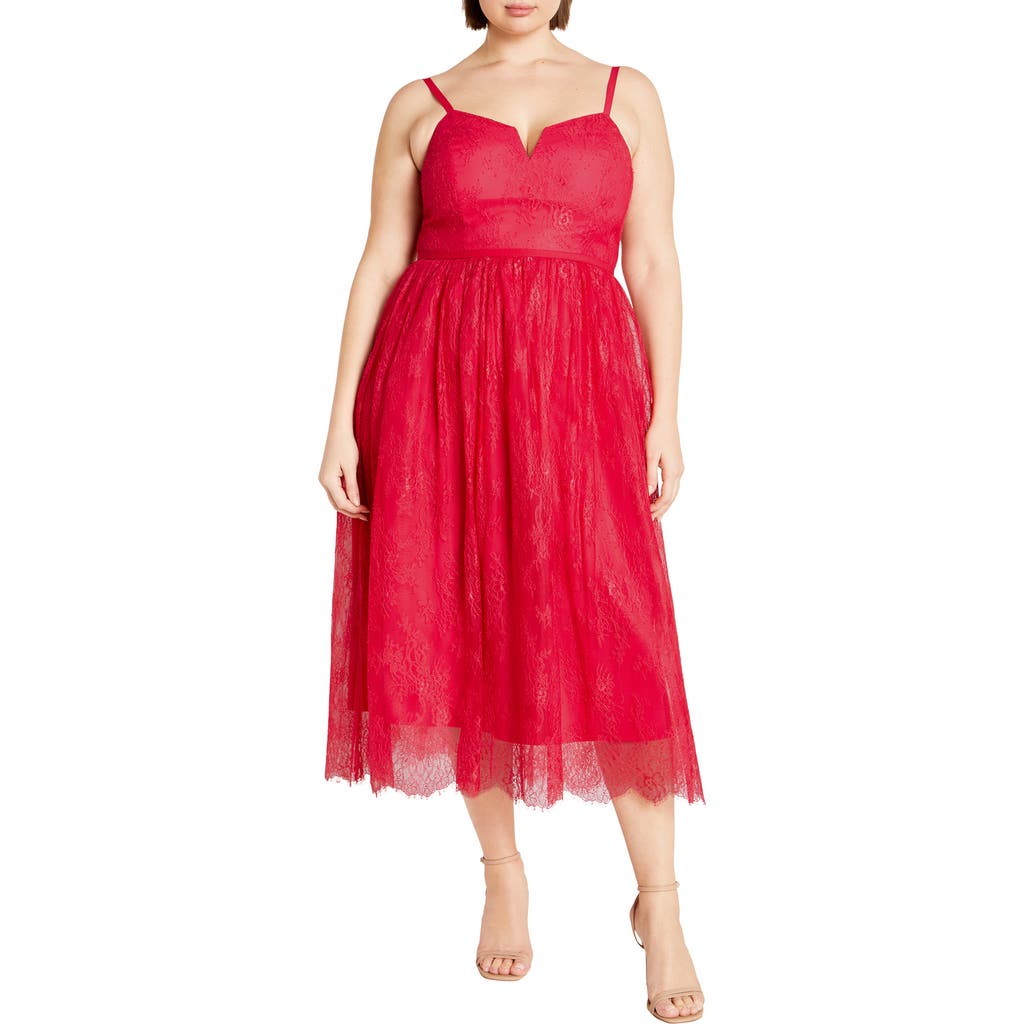 City Chic Serena Lace & Tulle Fit & Flare Midi Dress In Lipstick Pink
