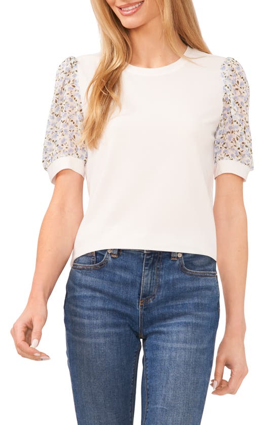 Shop Cece Mixed Media Floral Puff Sleeve Top In New Ivory
