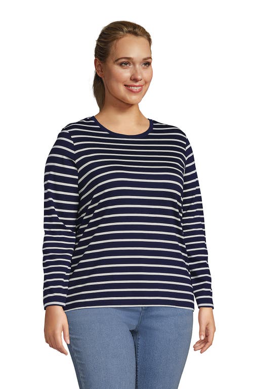 Lands' End Relaxed Supima Cotton Long Sleeve Crew Neck T-shirt In Deep Sea Navy Breton Stripe