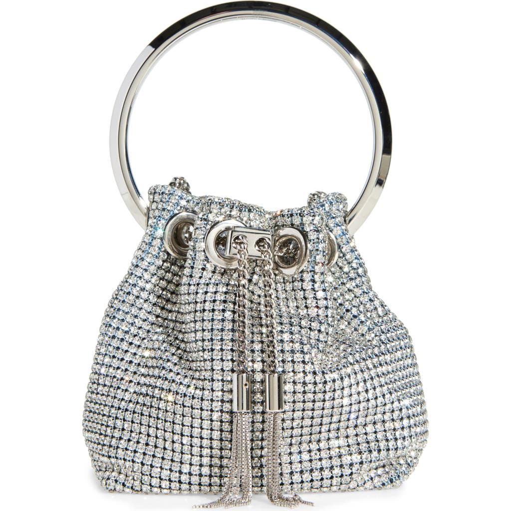 Jimmy Choo Micro Bon Bon Crystal Mesh Drawstring Top Handle Pouch In Silver