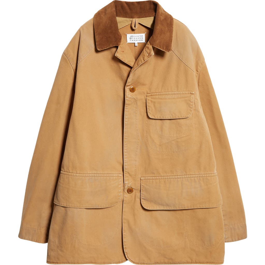 Maison Margiela Corduroy Collar Waxed Cotton Canvas Coat In Ochre