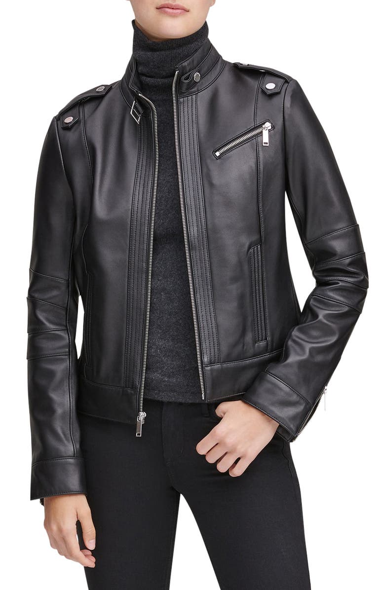 MARC NEW YORK Stand Collar Leather Moto Jacket, Main, color, BLACK