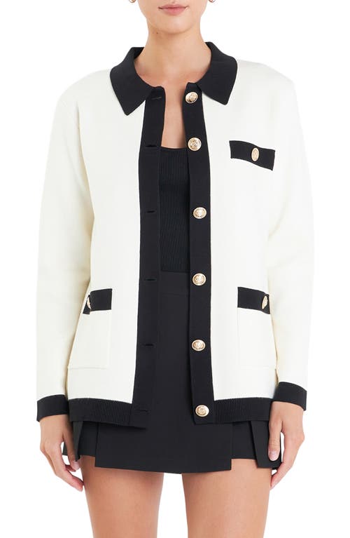 Shop English Factory Contrast Edge Collared Cardigan In White/black