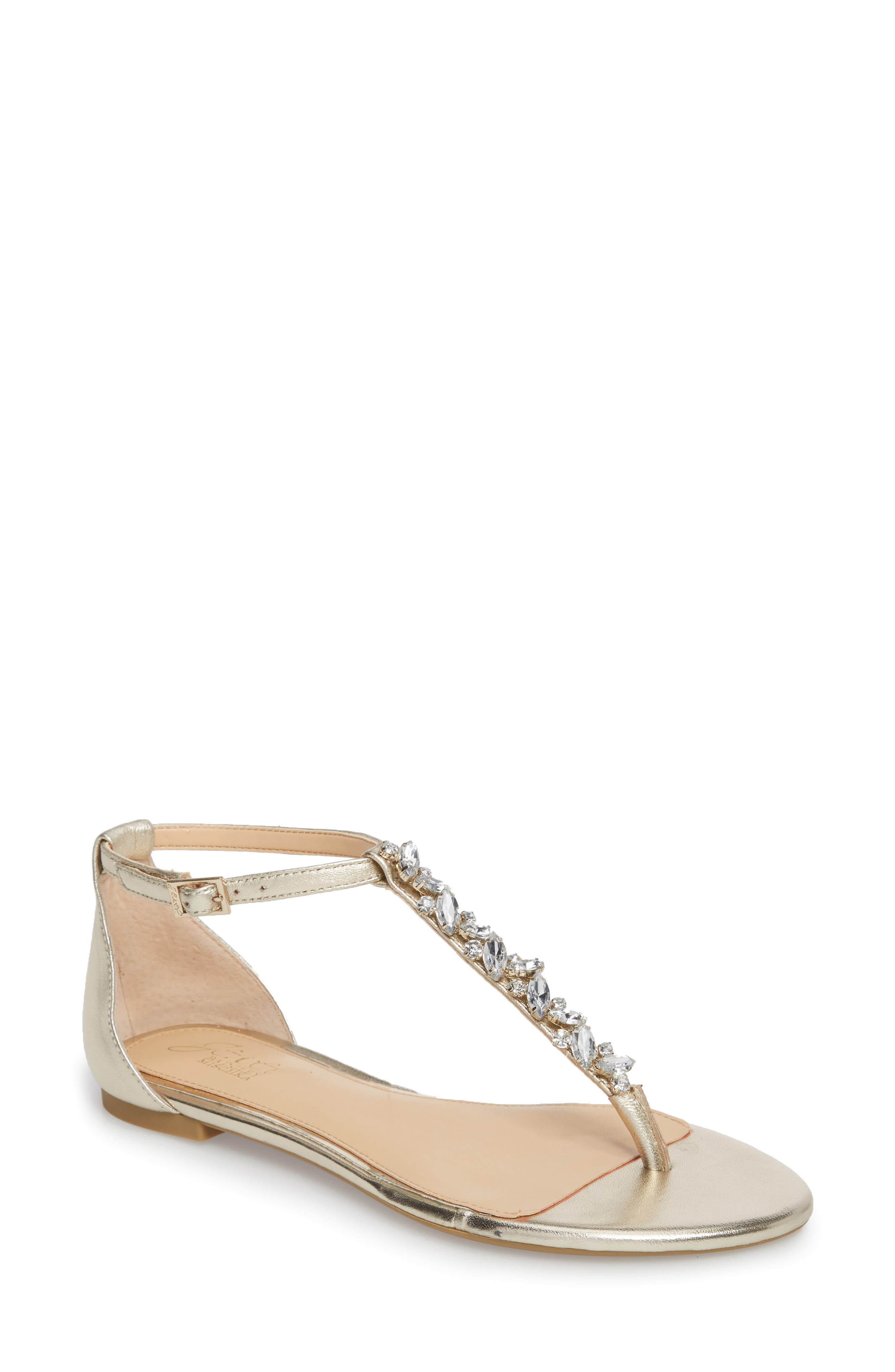 Jewel Badgley Mischka Carrol Embellished T-Strap Sandal- Beige