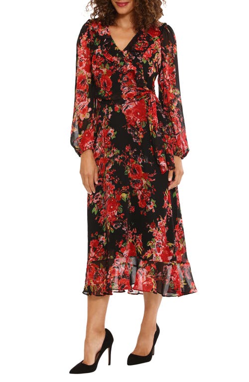 Maggy London Floral Long Sleeve Tiered Faux Wrap Midi Dress In Black/red