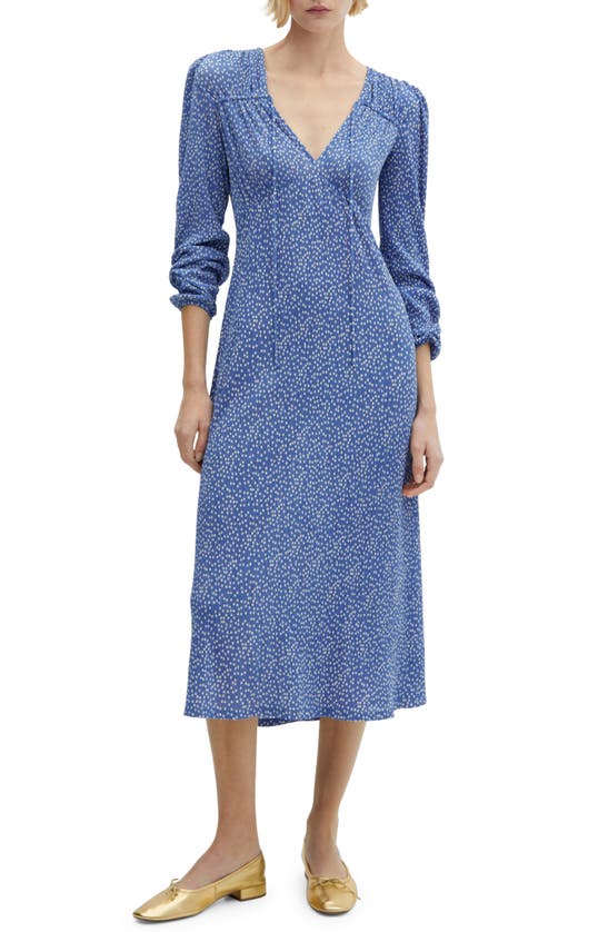 Mango Dot Split Neck Long Sleeve Dress In Blue