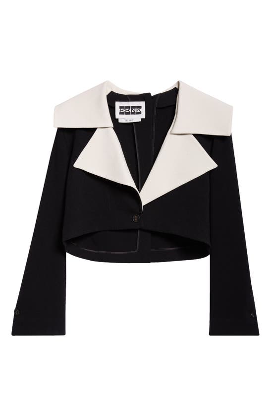 Shop Eenk Big Collar Colorblock Crop Jacket In Black Ivory Acetate Poly Blend