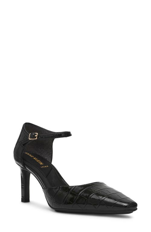 Shop Anne Klein Rosalind Croc Embossed Ankle Strap Sandal In Black Croco