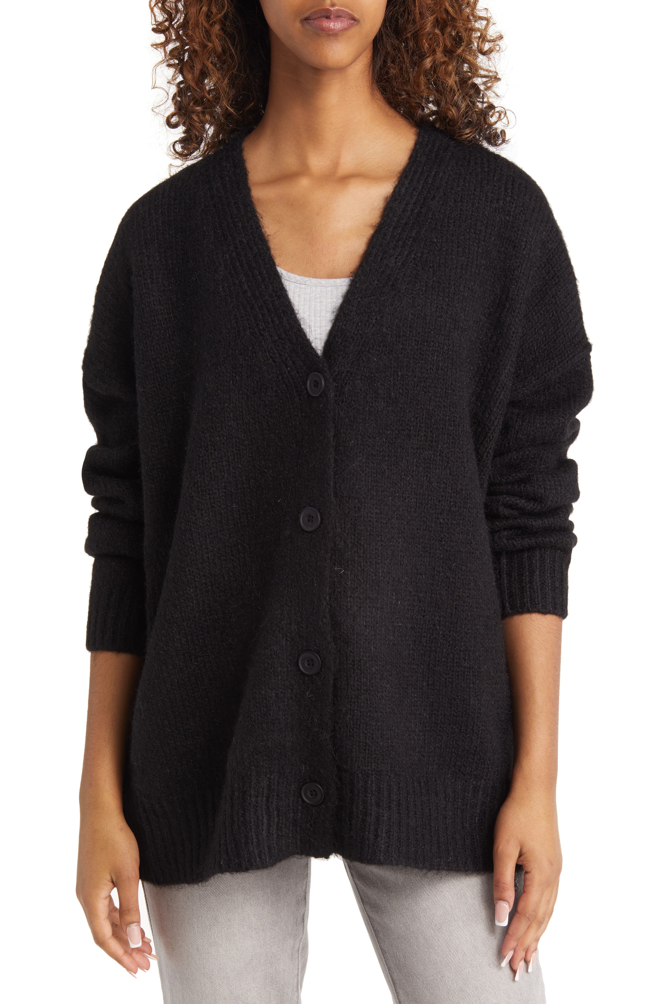 Topshop Knitted Fluffy Midi Cardi in Black