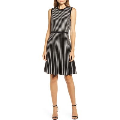 Anne Klein Stripe Fit & Flare Sweater Dress, Black