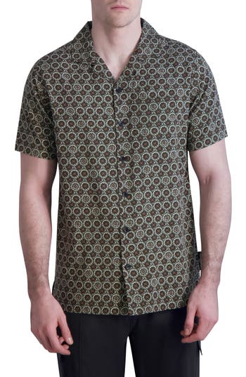 Karl Lagerfeld Paris Circle Paisley Short Sleeve Button-up Shirt In Brown