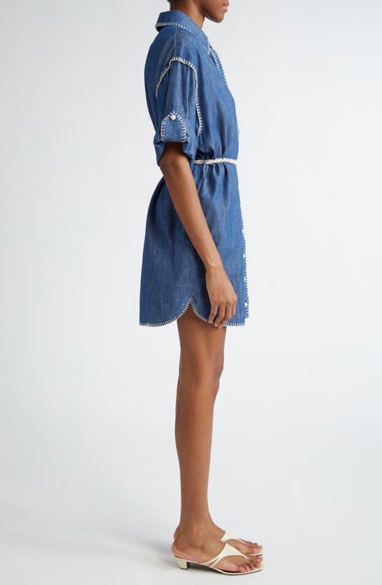 Shop Zimmermann Blanket Stitch Denim Mini Shirtdress In Railway Blue