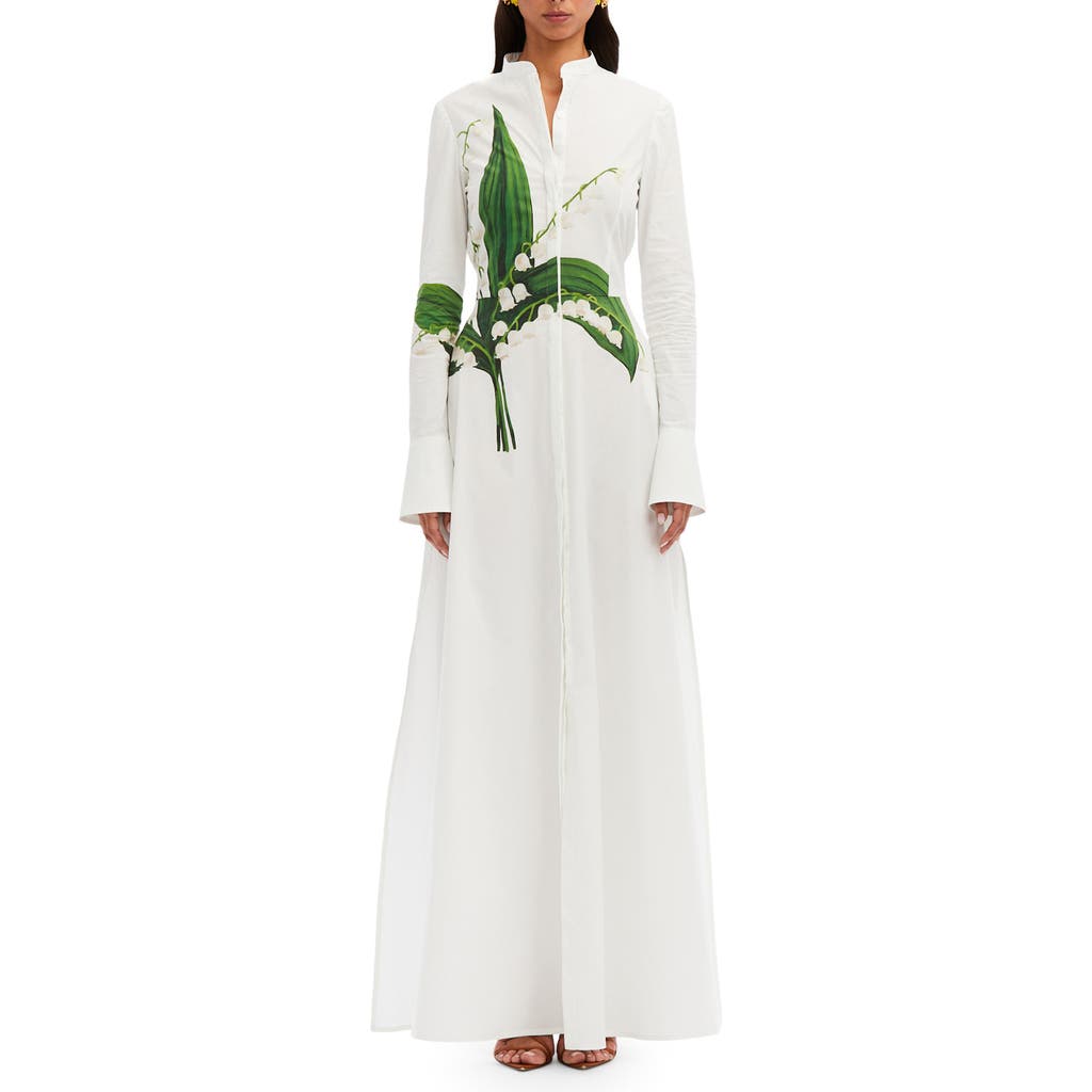 Oscar De La Renta Lily Of The Valley Long Sleeve Tie Waist Maxi Shirtdress In Green/white