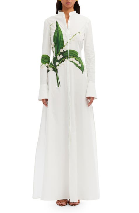 Lily of the Valley Long Sleeve Tie Waist Maxi Shirtdress