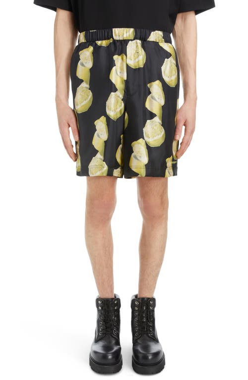 Shop Givenchy Formal Lemon Print Elastic Waist Silk Shorts In Black/yellow