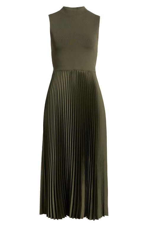 Shop Theory Pleated Sleeveless Mock Neck Midi Dress In Dark Olive