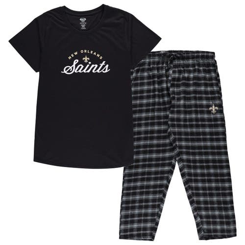 Women's Concepts Sport Black New Orleans Saints Plus Size Badge T-Shirt & Flannel Pants Sleep Set