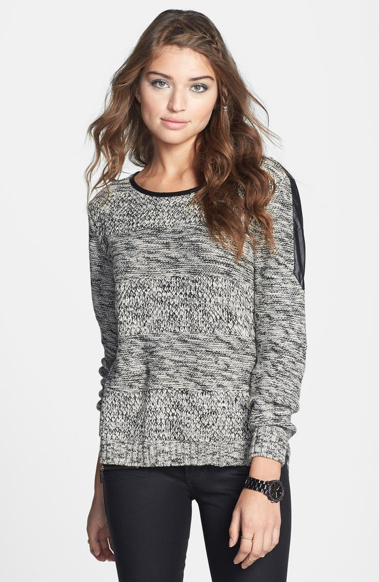 Woven Heart Faux Leather Trim Marled Sweater (Juniors) | Nordstrom