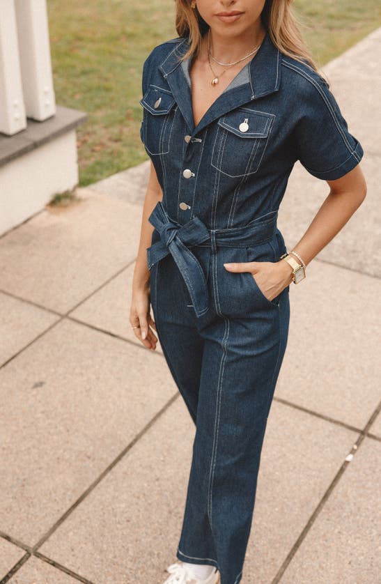 Shop Petal And Pup Petal & Pup Short Sleeve Denim Jumpsuit In Dark Denim