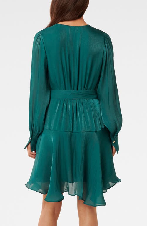 Shop Ever New Myra Metallic Long Sleeve Chiffon Faux Wrap Dress In Mysterious Green