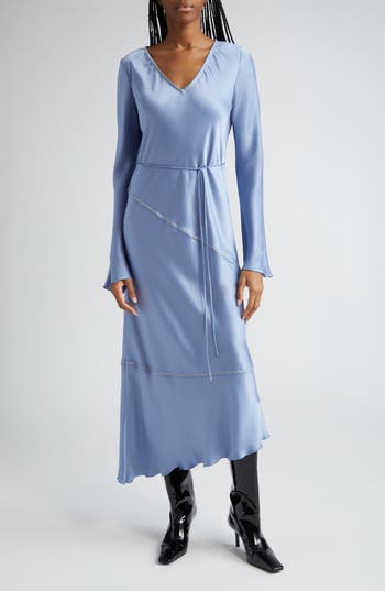 Shop Acne Studios Danessa Fluid Long Sleeve Satin Dress In Dusty Blue