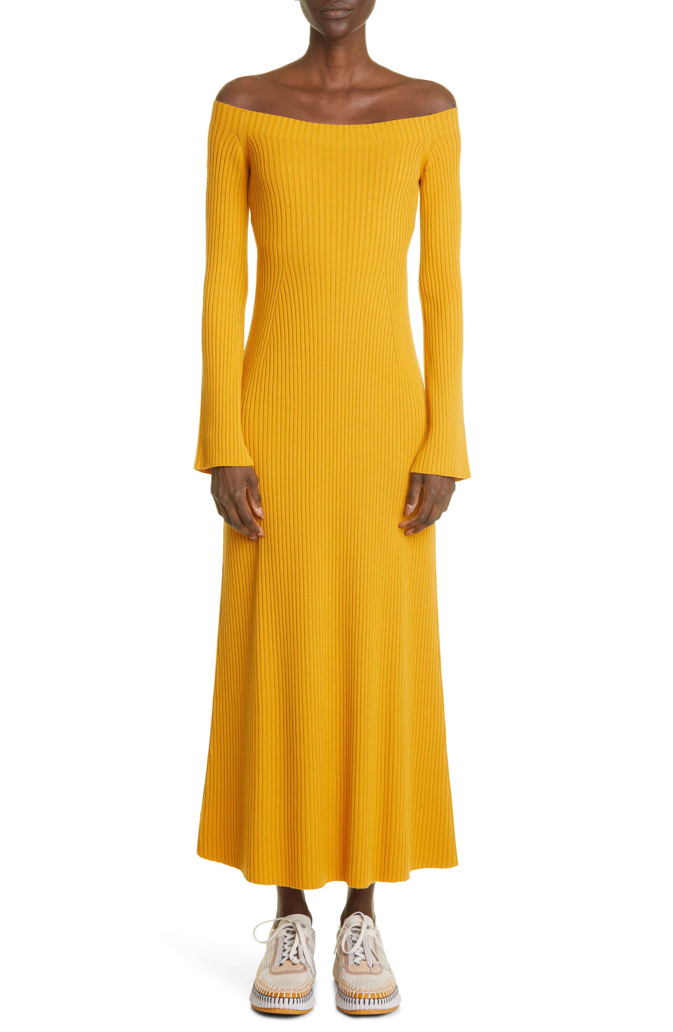 yellow turtleneck sweater dress