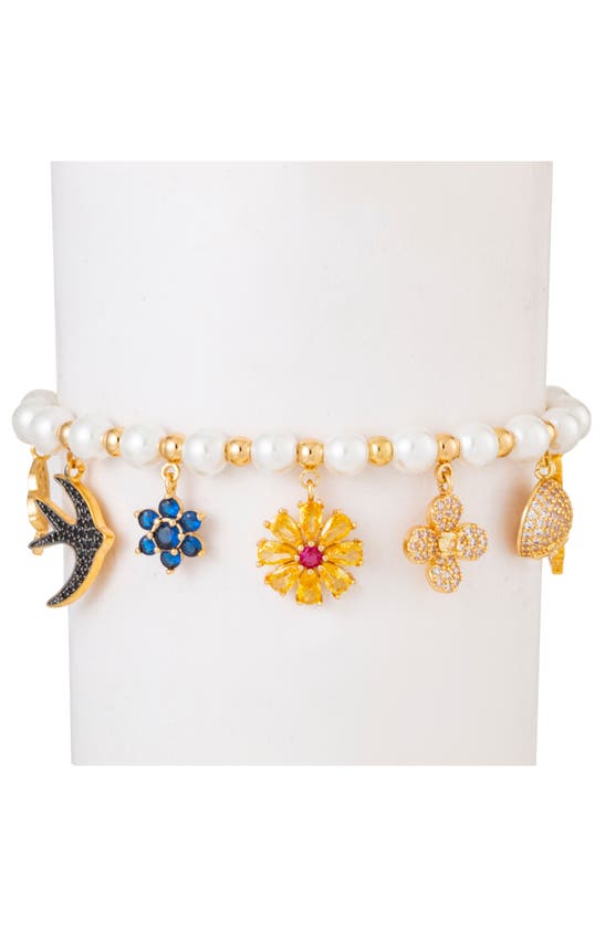 Shop Eye Candy Los Angeles Anna Cz & Imitation Pearl Charm Bracelet In Gold