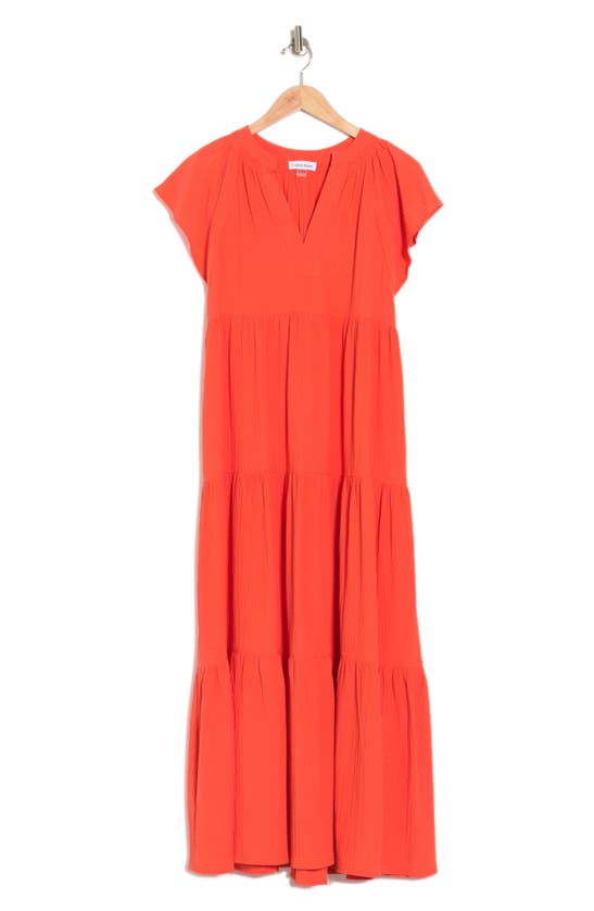 Calvin Klein Gauze Split Neck Midi Dress In Ember | ModeSens