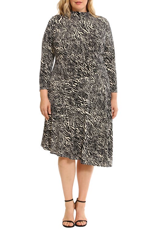 Maggy London Abstract Print Long Sleeve Asymmetric Hem Dress In Charcoal/cream