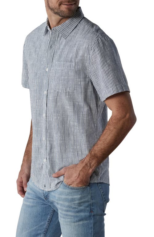 Shop The Normal Brand Lived In Short Sleeve Cotton Button-up Shirt In Navy Railroad Stripe