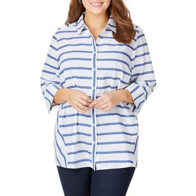 Plus Size Foxcroft Carlene In Nautical Stripe Shirt, Blue