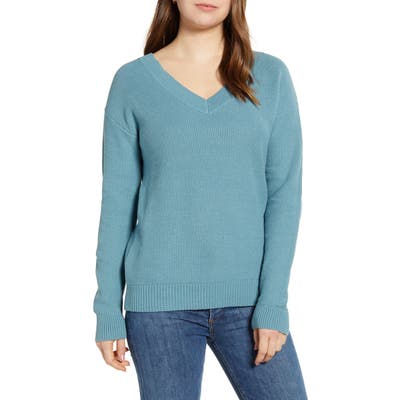 Caslon V-Neck Cotton Pique Sweater, Blue