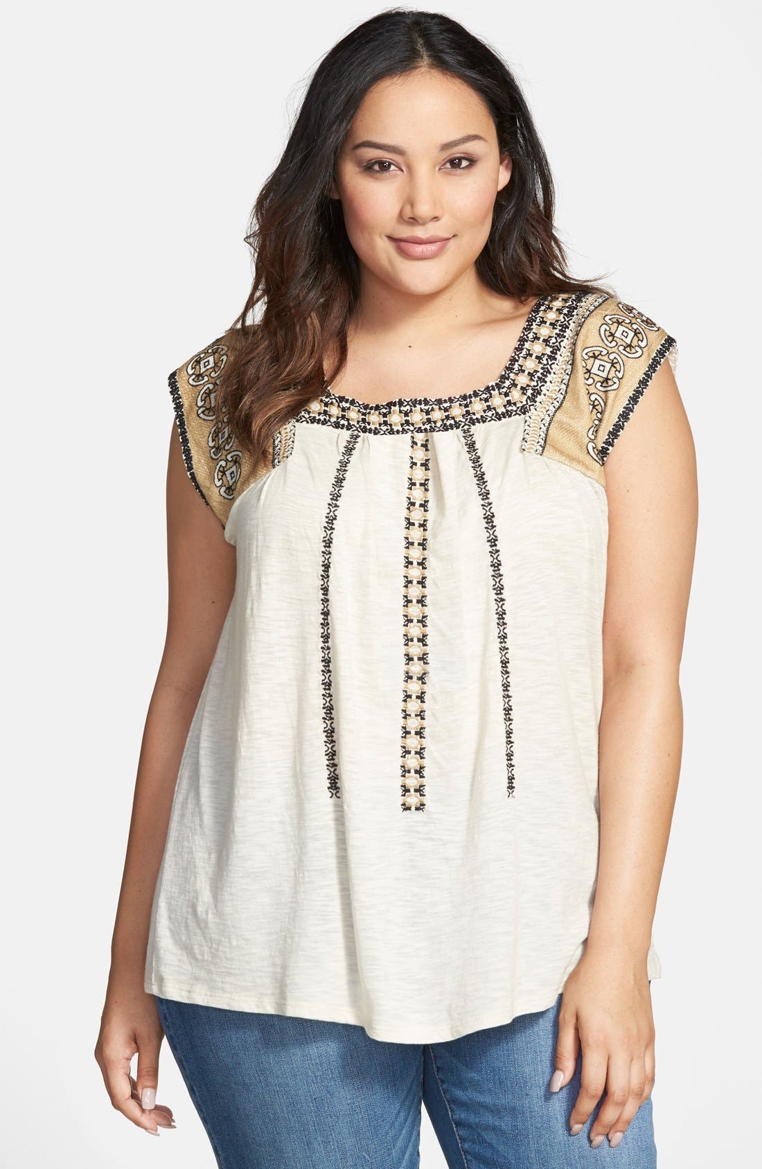Lucky Brand Mixed Embroidered Top (Plus Size) Nordstrom