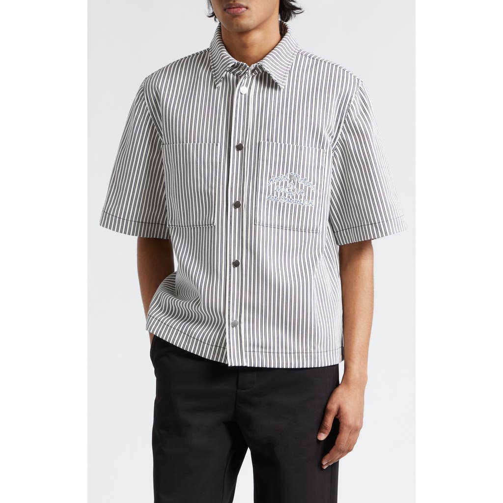 Amiri Motors Stripe Cotton Camp Shirt In Black/white
