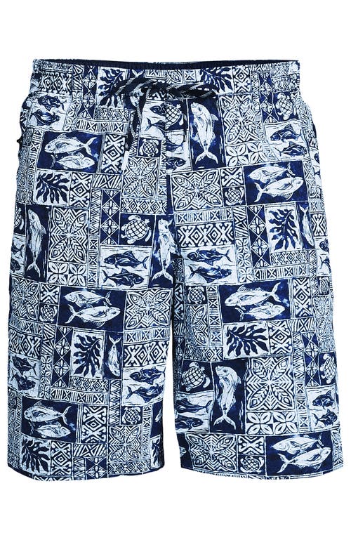 Shop Lands' End 9" Volley Swim Trunks In Navy Fish Block Print