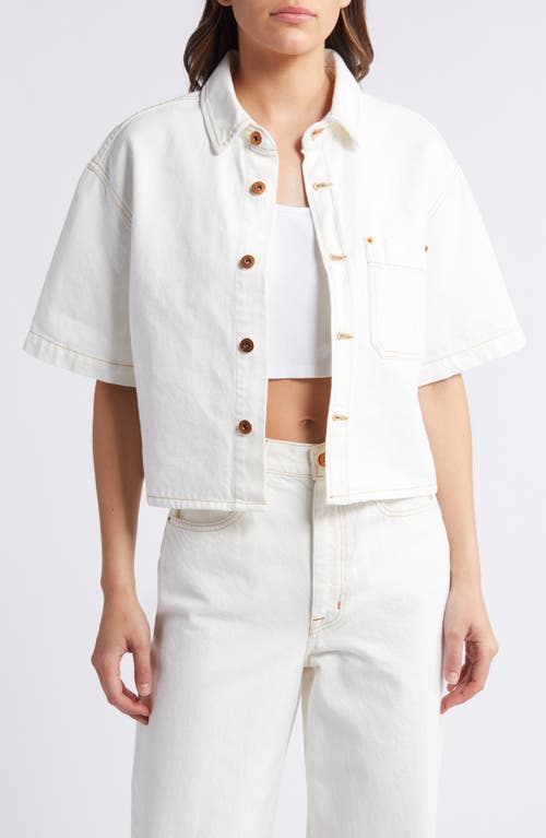 Cara Short Sleeve Denim Crop Button-Up Shirt in Natural White