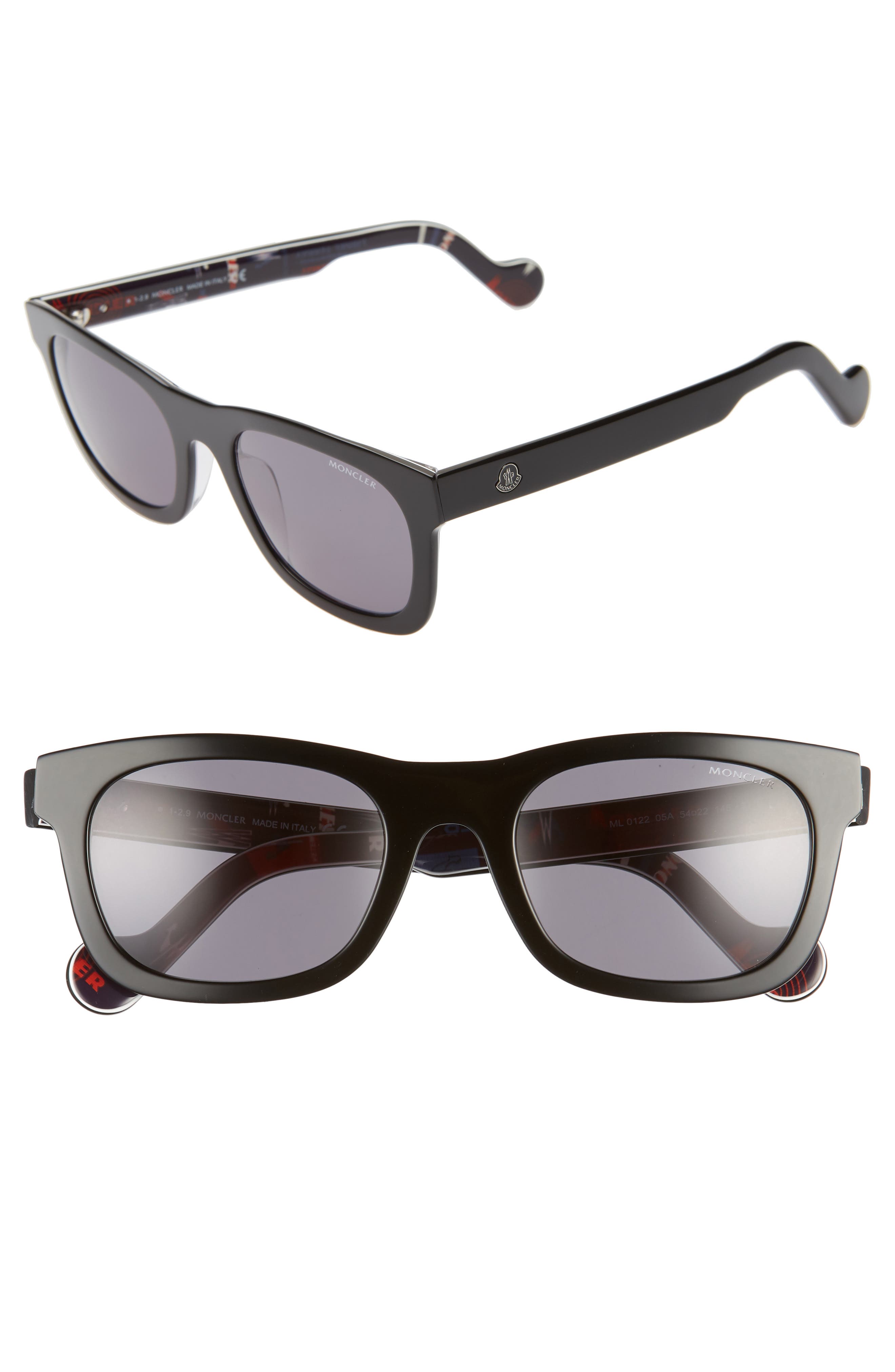 Moncler 54mm Rectangular Sunglasses in Shiny Black/Smoke at Nordstrom