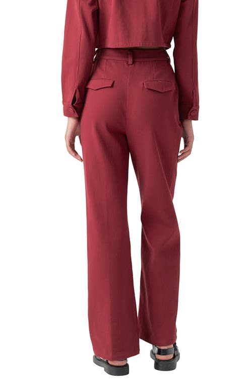 Shop English Factory Pleated High Waist Cotton Wide Leg Pants In Burgundy