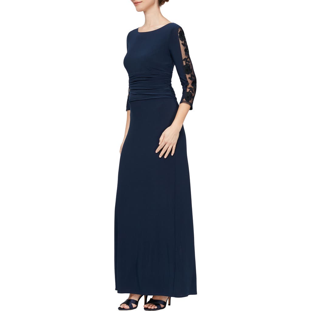 Sl Fashions Petite Embroidered Ruched Gown In Navy