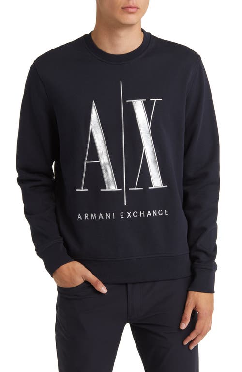 Armani Exchange Embroidered Metallic Icon Logo Sweatshirt Navy at Nordstrom,