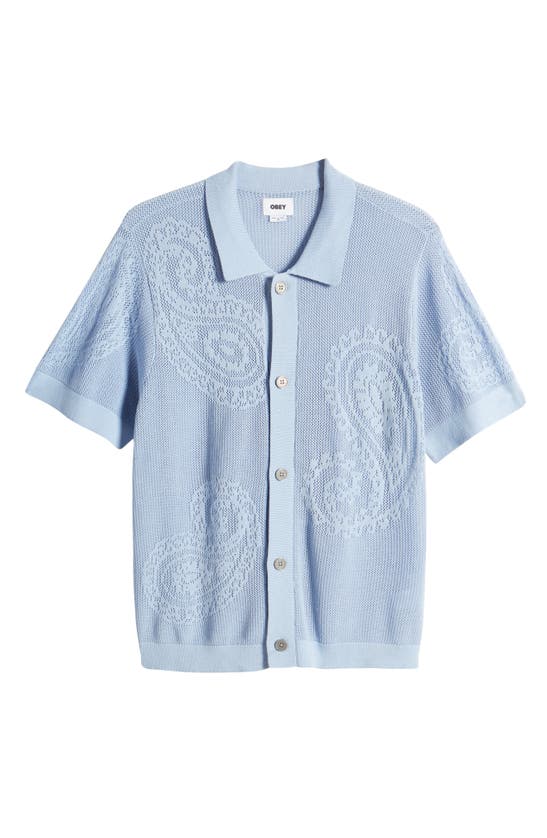 Shop Obey Teardrop Open Knit Short Sleeve Button-up Shirt In Hydrangea