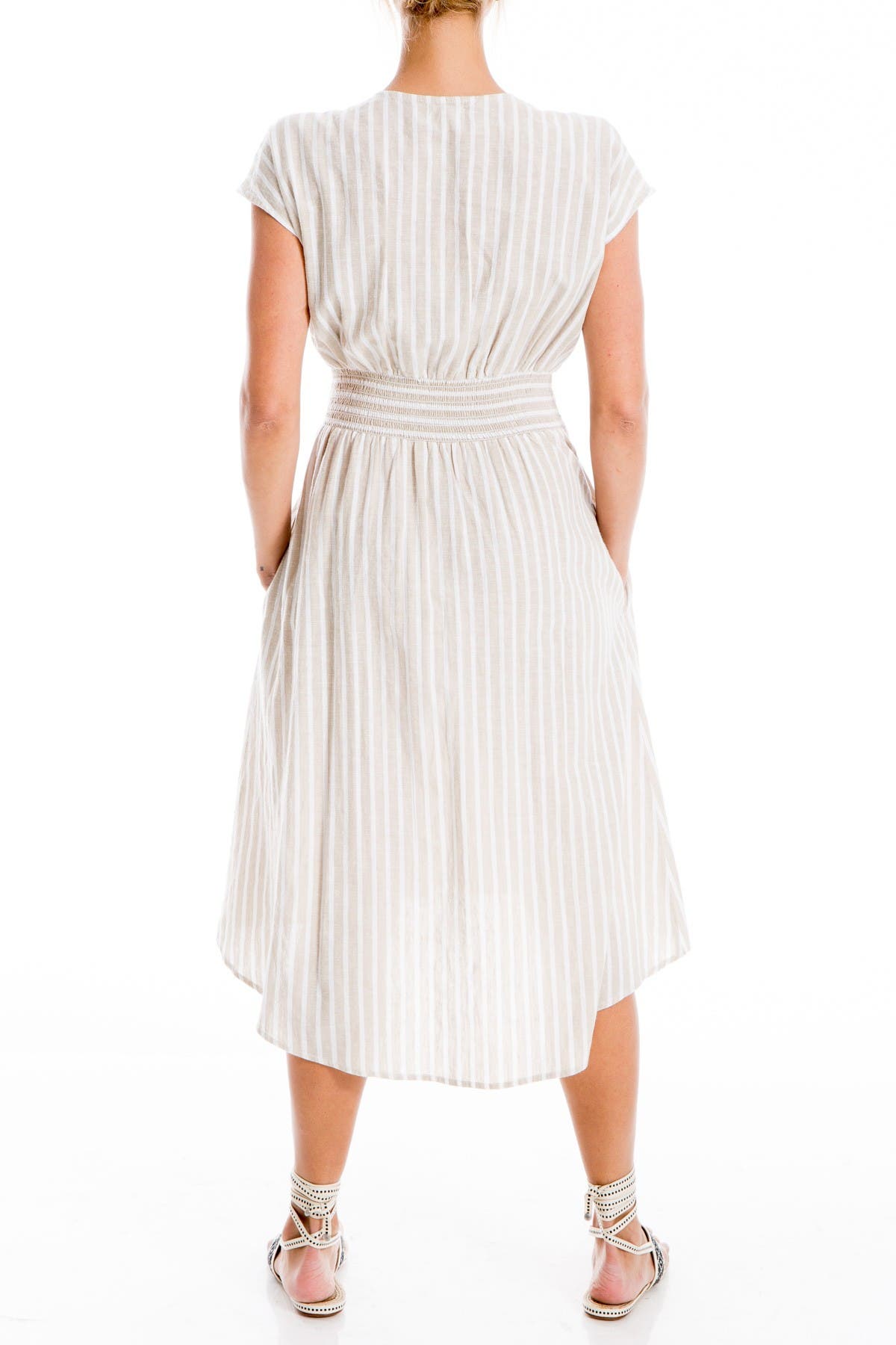 max studio striped v neck tie waist a line dress
