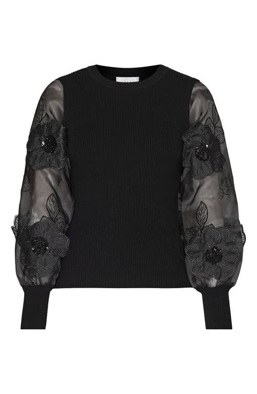 Shop Milly Koda Floral Organza Sleeve Sweater In Black