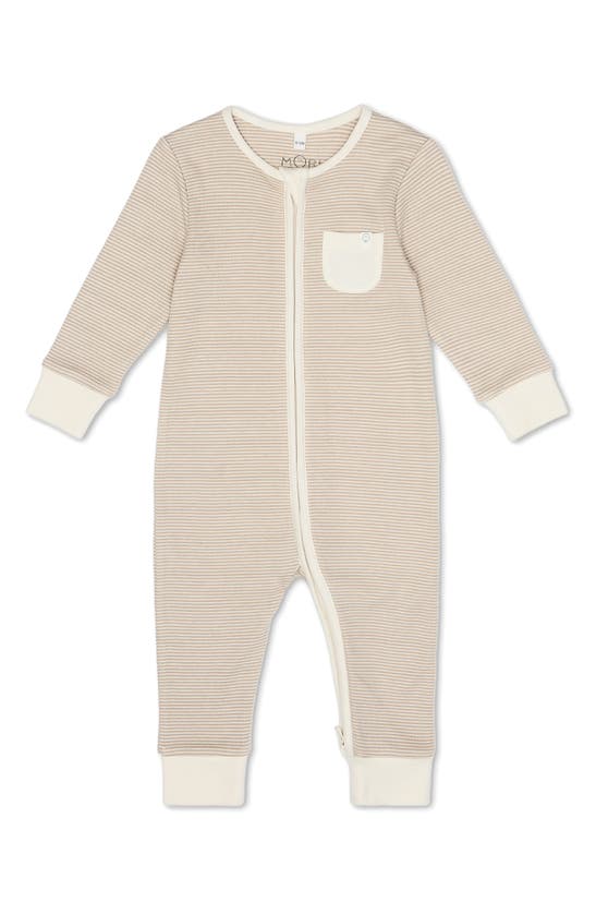 Shop Mori Clever Zip Stripe Fitted One-piece Pajamas In Oatmeal Stripe