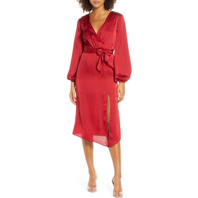 Finders Keepers Emilia Long Sleeve Satin Dress, Red