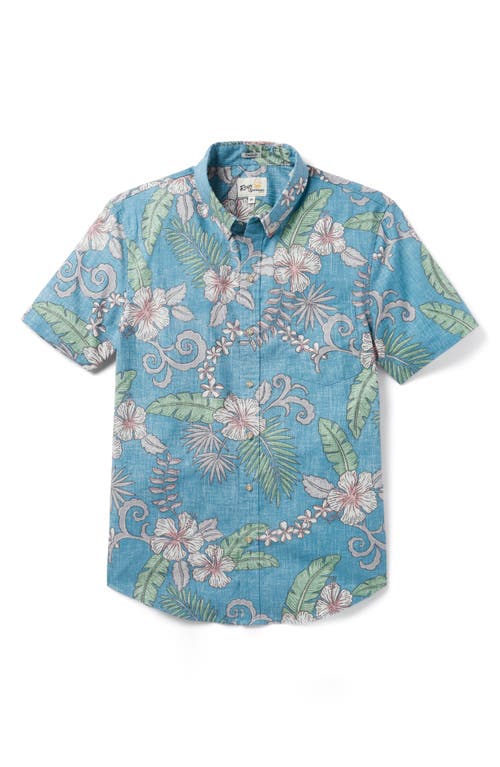 Reyn Spooner Tailored Fit Hibiscus Print Short Sleeve Button-Down Shirt in Stormy Sky