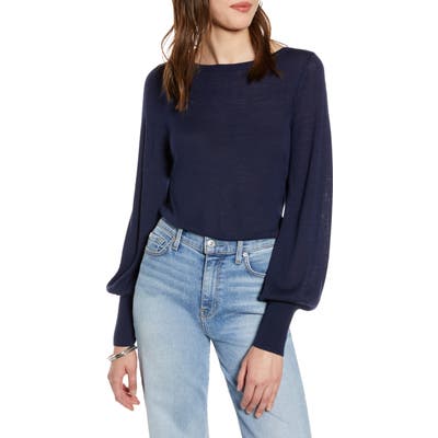 Halogen Bishop Sleeve Merino Wool Blend Sweater, Blue