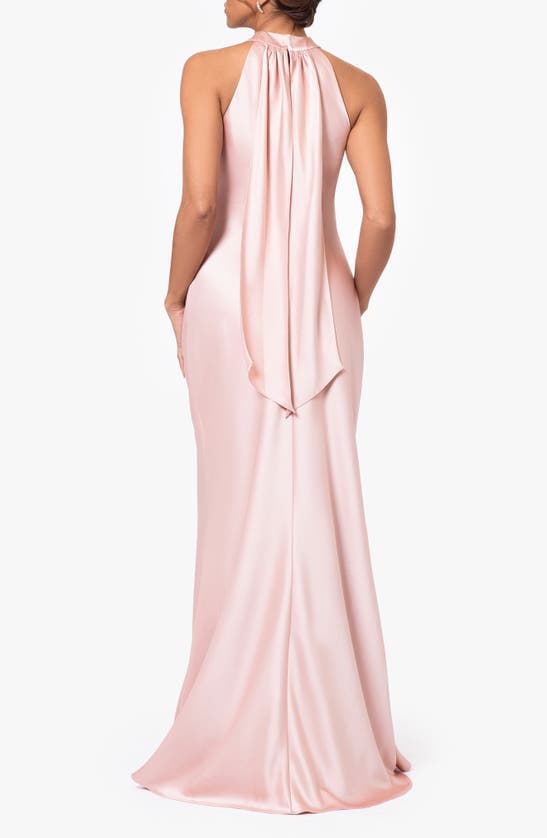 Shop Xscape Halter Neck Satin Trumpet Gown In Rose/ Gold