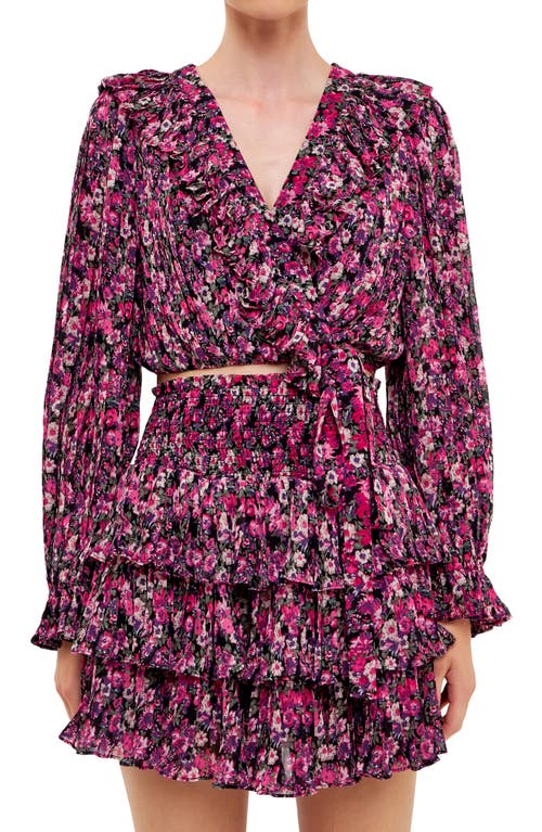 Shop Endless Rose Floral Ruffle Wrap Crop Top In Black/fuchsia