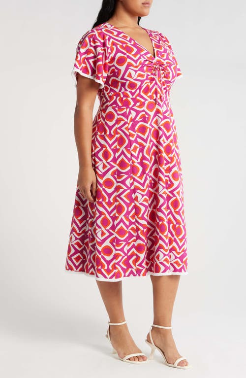 Tahari Asl Geo Print Midi Dress In Wild Berry